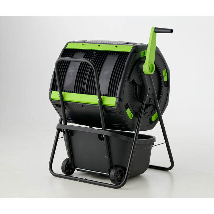 48 Gallon Geared Two Compartment Compost Tumbler and Cart Black Plastic