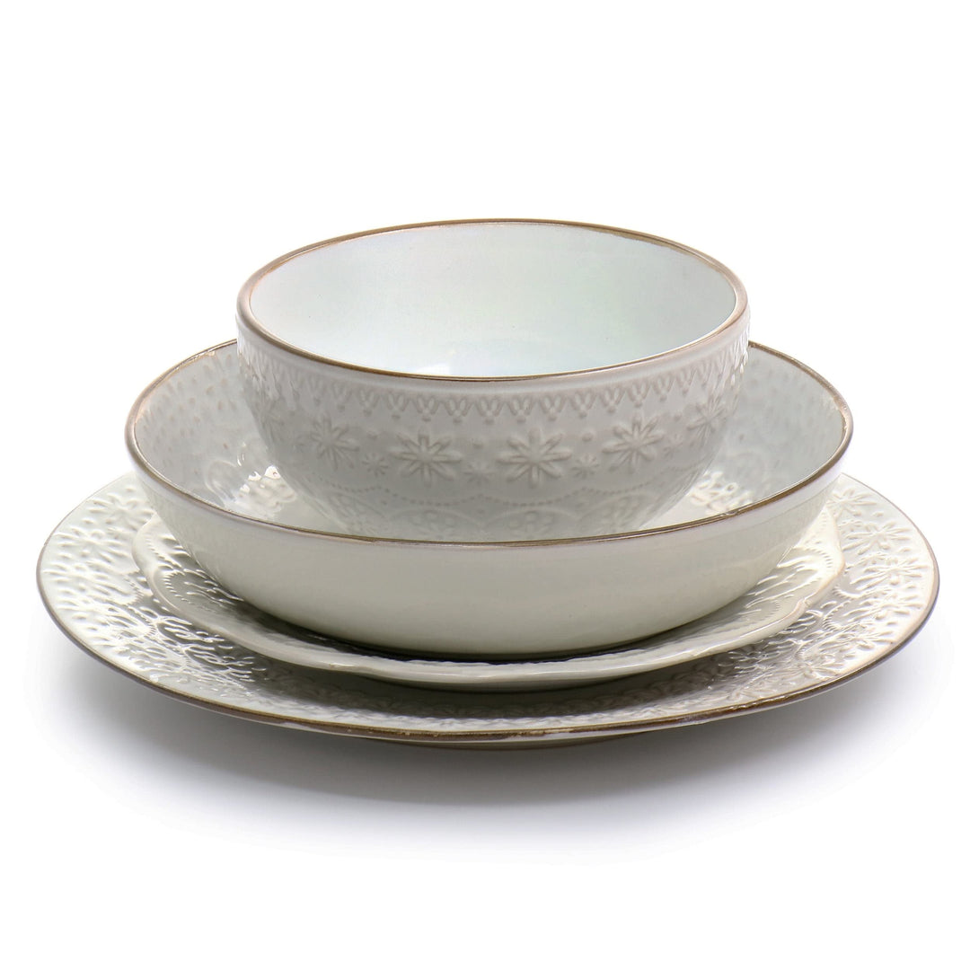 16 Piece Embossed Double Bowl Stoneware Dinnerware Set In Ivory Textured - Diamond Home USA