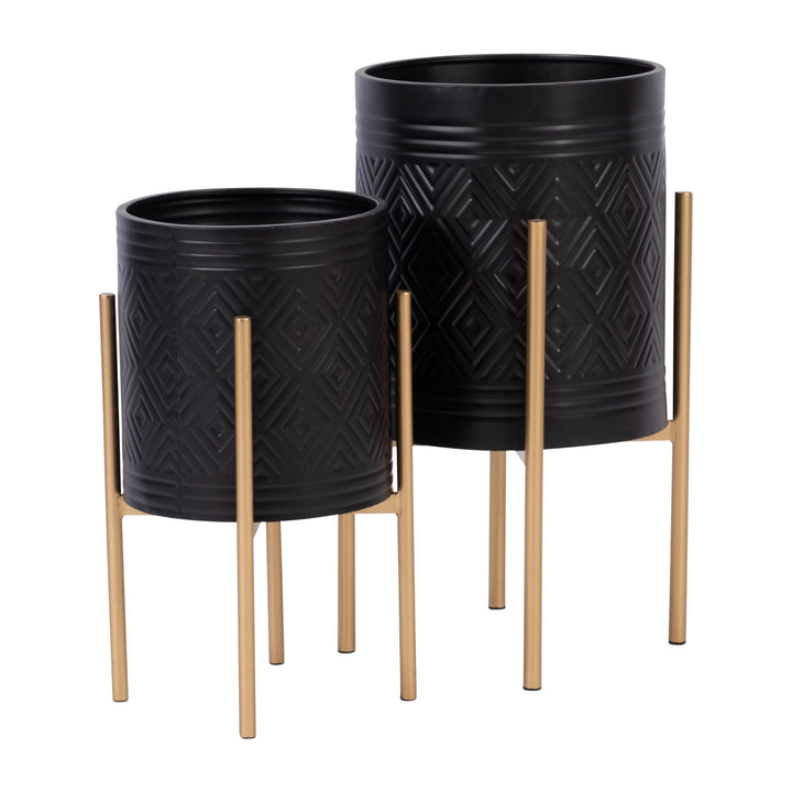 Planters for Indoor Outdoor Plants Set of 2 Plant Pots with Gold Stand Black - Diamond Home USA