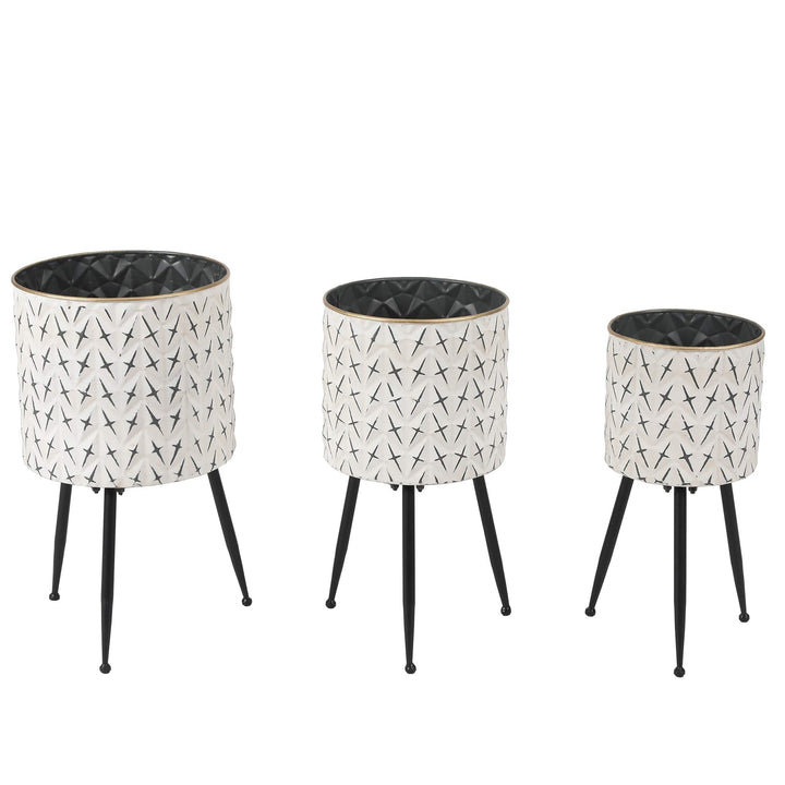 3 Piece Standing Metal Round Planters Black White Modern Contemporary - Diamond Home USA