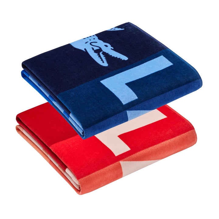 Lacoste 2 Pack Block Beach Towel Bundle in Blue Red Rectangle Cotton - Diamond Home USA