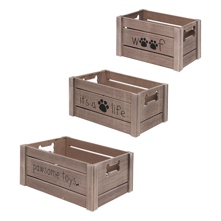 Joy Dog-Themed Wood Storage Crate Organizer Set of 3 Gray. Grey Farmhouse