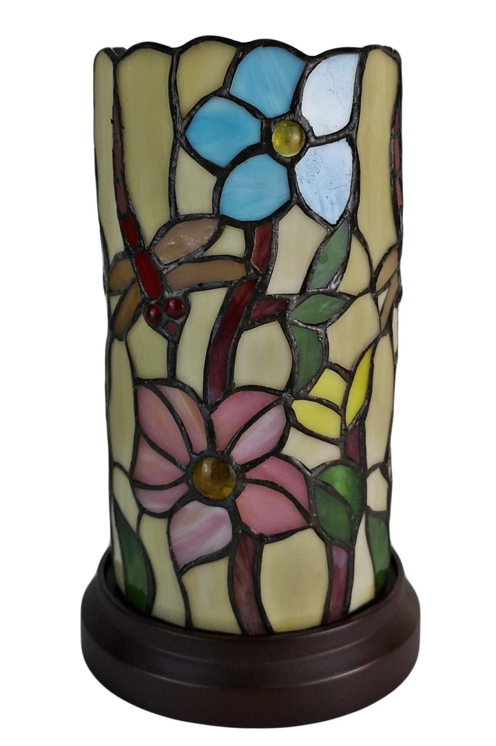 Tiffany Style Accent Lamp 10" Tall Stained Glass White Yellow Dragonfly Floral - Diamond Home USA
