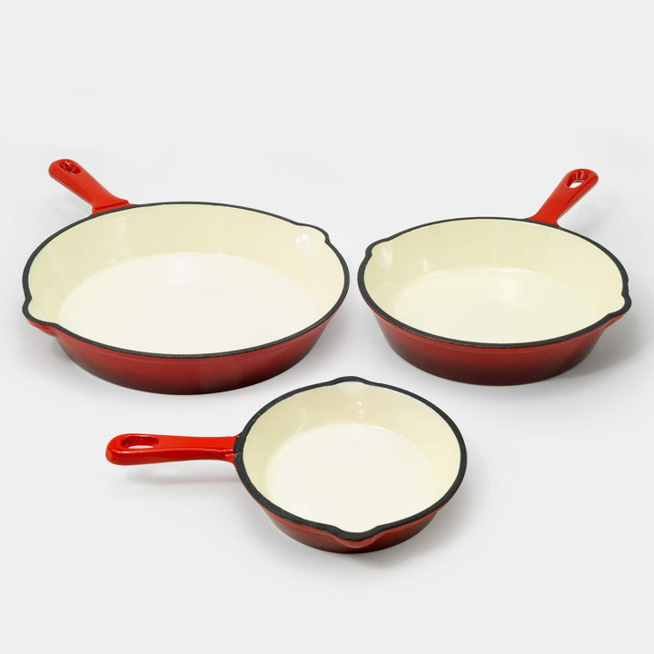 ExcelSteel 3 Pc Cast Iron Skillet Set w/Red Enamel Coating Perfect for Home