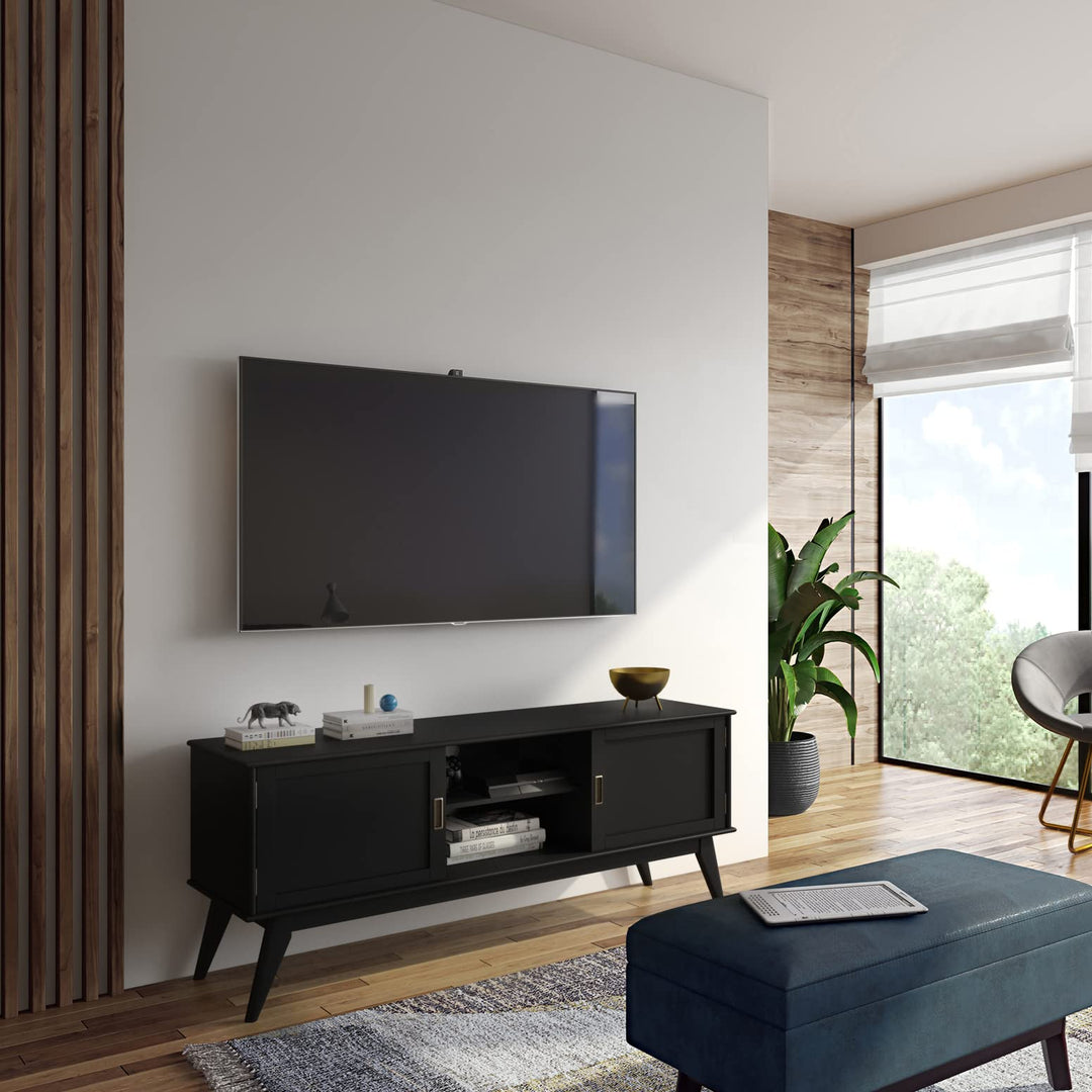 SIMPLIHOME Draper SOLID HARDWOOD 60 Inch Wide Mid Century Modern Low TV Media Black - Diamond Home USA