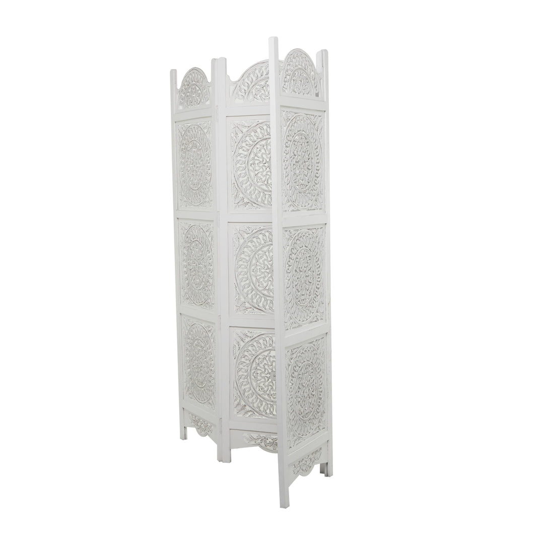 White Wood Hinged Foldable Partition 3 Panel Floral Room Divider Screen with - Diamond Home USA