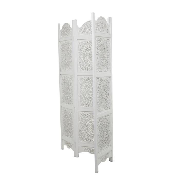 White Wood Hinged Foldable Partition 3 Panel Floral Room Divider Screen with - Diamond Home USA