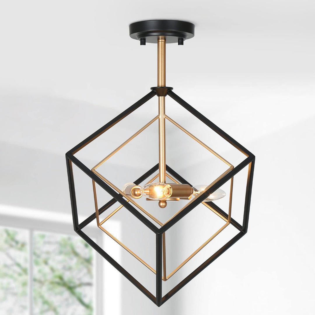 Modern Farmhouse 3-light Black Gold Semi-flush Mount Ceiling Lights Cube