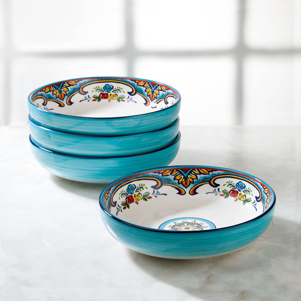 Euro Ceramica Zanzibar 4-Piece Pasta Bowl Dinnerware Set|Fine Kitchenware|Floral - Diamond Home USA