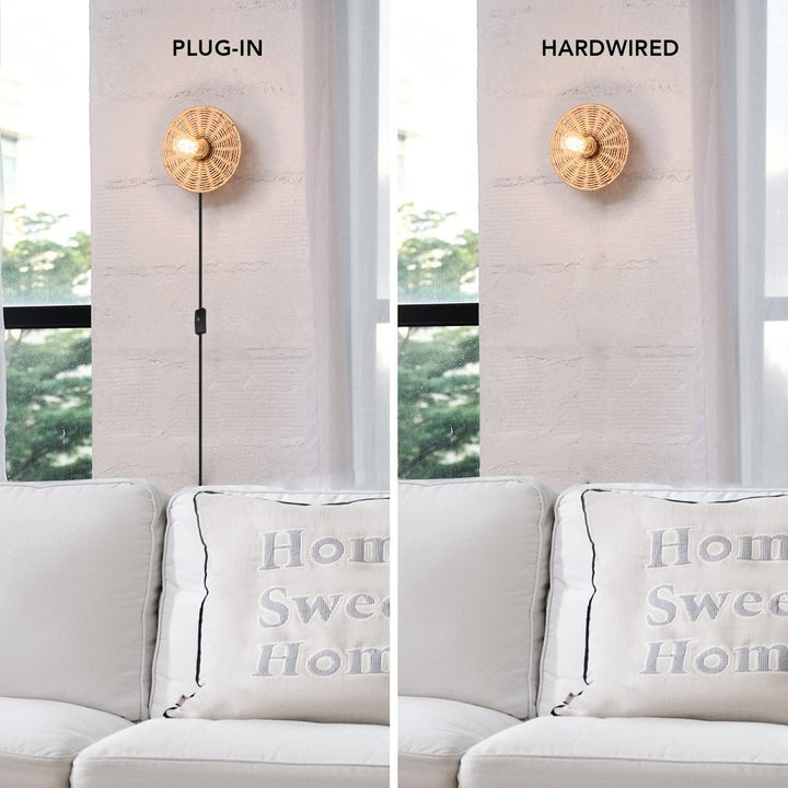 1-Light Plug-in Or Hardwire Wall Sconce with Rattan Blackplate One Size Modern - Diamond Home USA