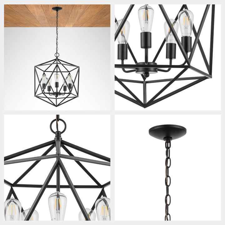 Prominence Home Heleo 5 Light Matte Black Geometric Cage Chandelier Candle Style - Diamond Home USA
