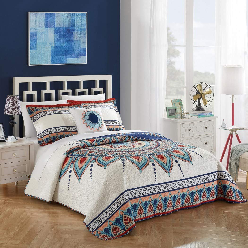 MPN 4 Piece Artistic Blue White Bohemian Southwest Quilt Queen Set Hippie Themed