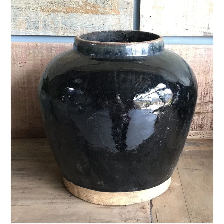 Vintage Glazed Small Vase with Unfinished Base Black Porcelain Outdoor Use - Diamond Home USA