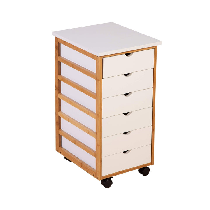 Solid Bamboo Frame 6 Drawer Rolling Cart White MDF Drawers