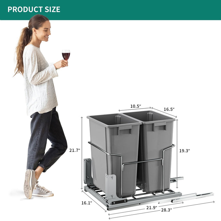 Double 37 Quart Pull Out Kitchen Waste Containers Grey Metal Plastic - Diamond Home USA