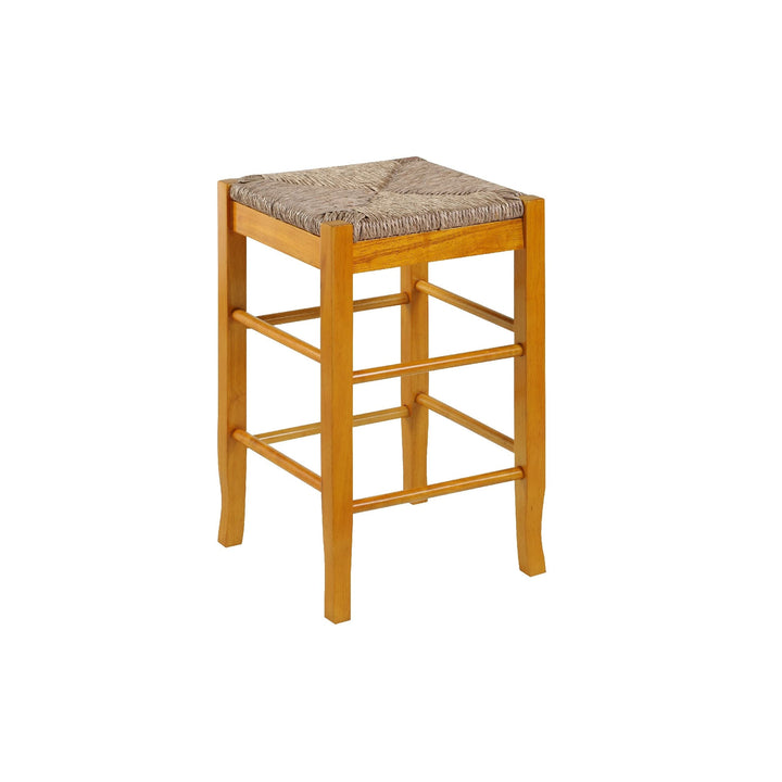 24 Inch Counter Stool with Wood Frame Handwoven Rush Seat Oak Brown Modern