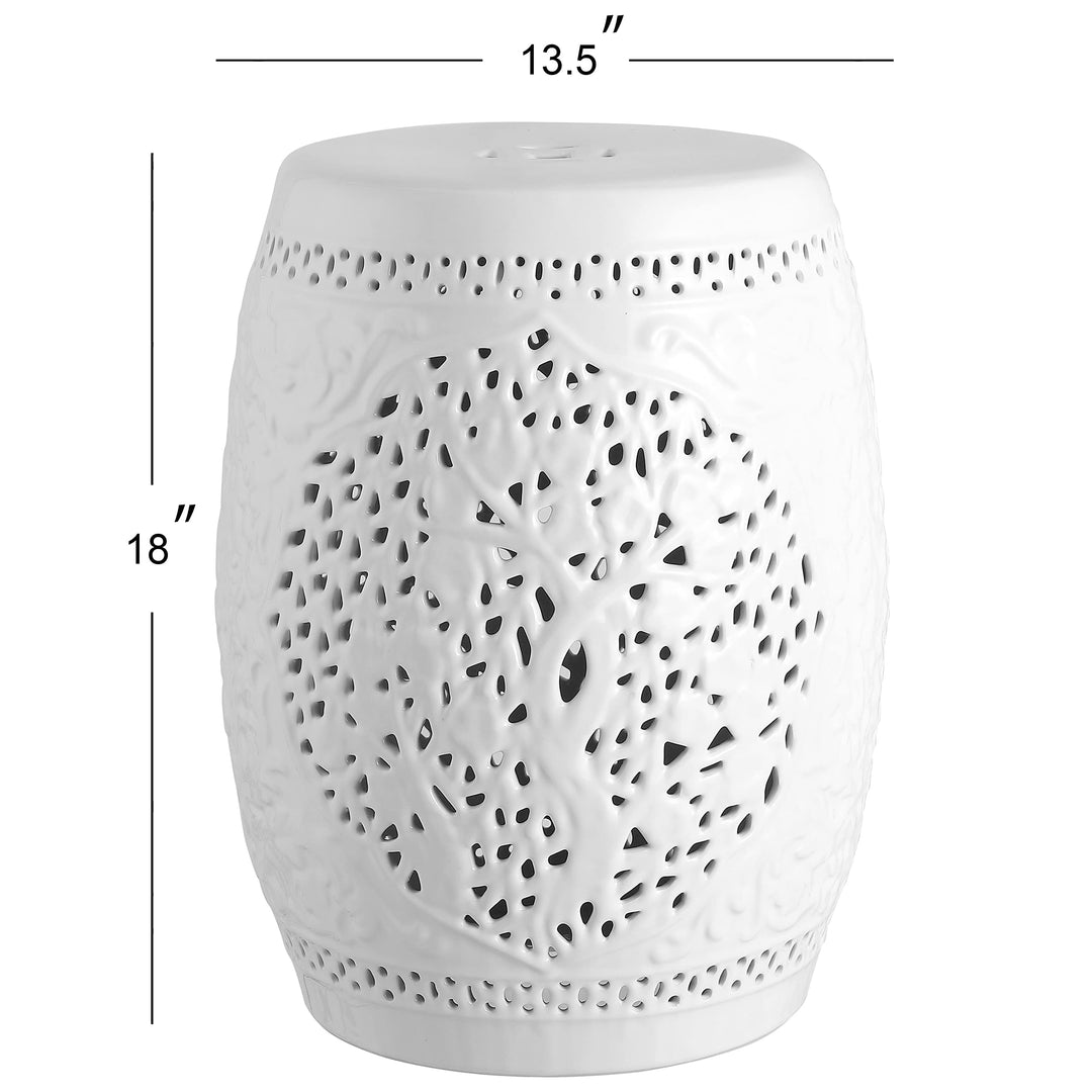 Tree of Life 18" Ceramic Garden Stool White Glam Transitional Glossy - Diamond Home USA