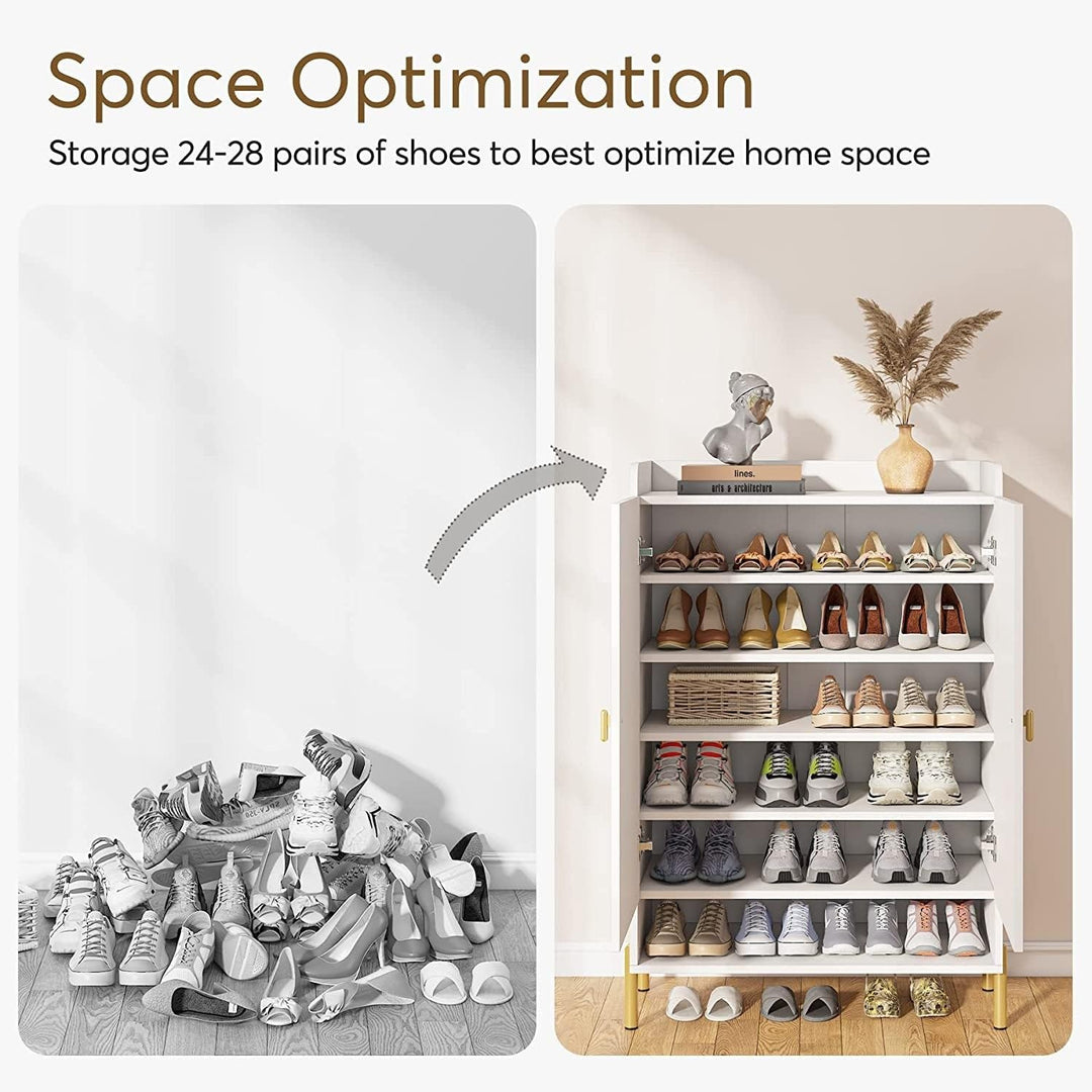 Shoe Cabinet Storage Entryway: Slim 6-Tier Organizer White Metal Wood Finish - Diamond Home USA