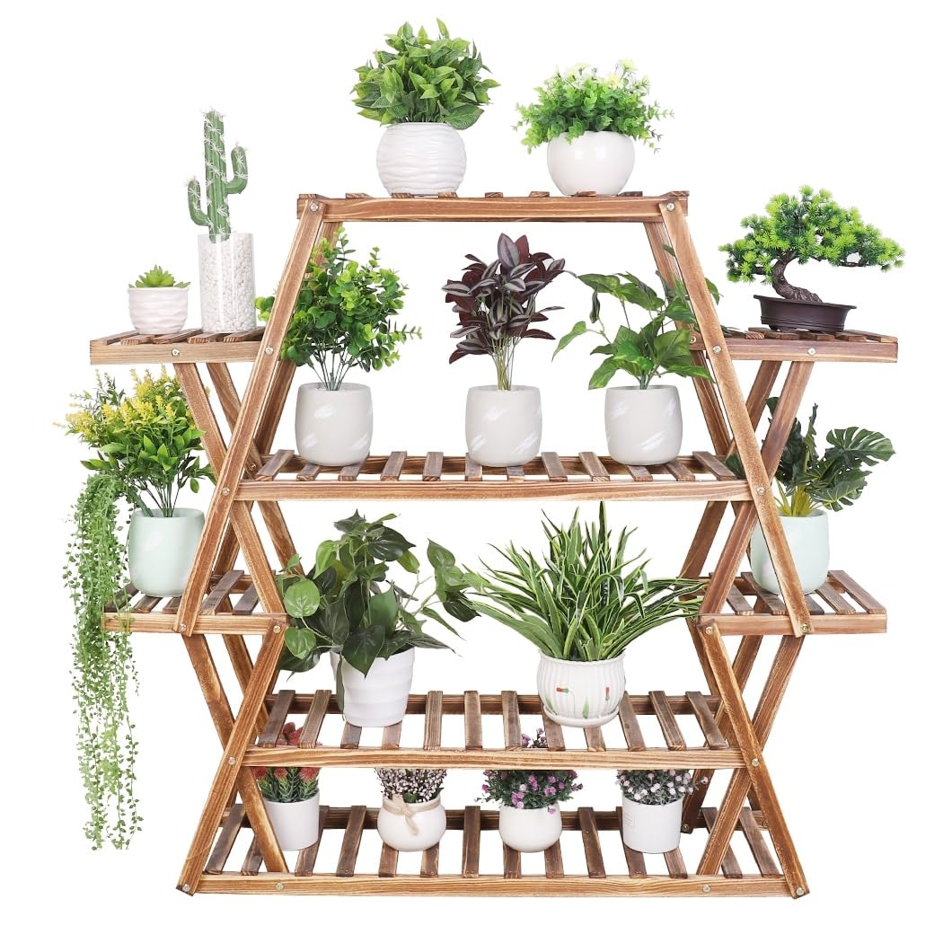 Wood Large Garden Plant Stand Indoor Outdoor Ladder Planter Rack Shelves Brown - Diamond Home USA