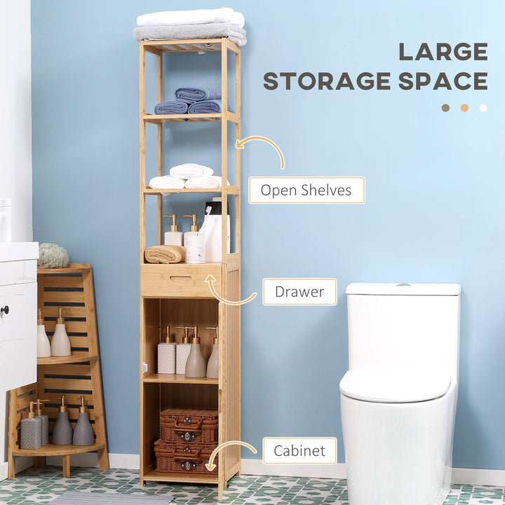 Tall Bathroom Cabinet with Drawer and Slatted Shelves Slim Bamboo Linen Tower - Diamond Home USA