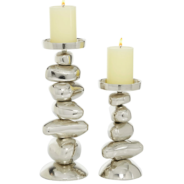 Silver Stacked Stone Candle Holders Set of 2 10" 14" 5 X 14