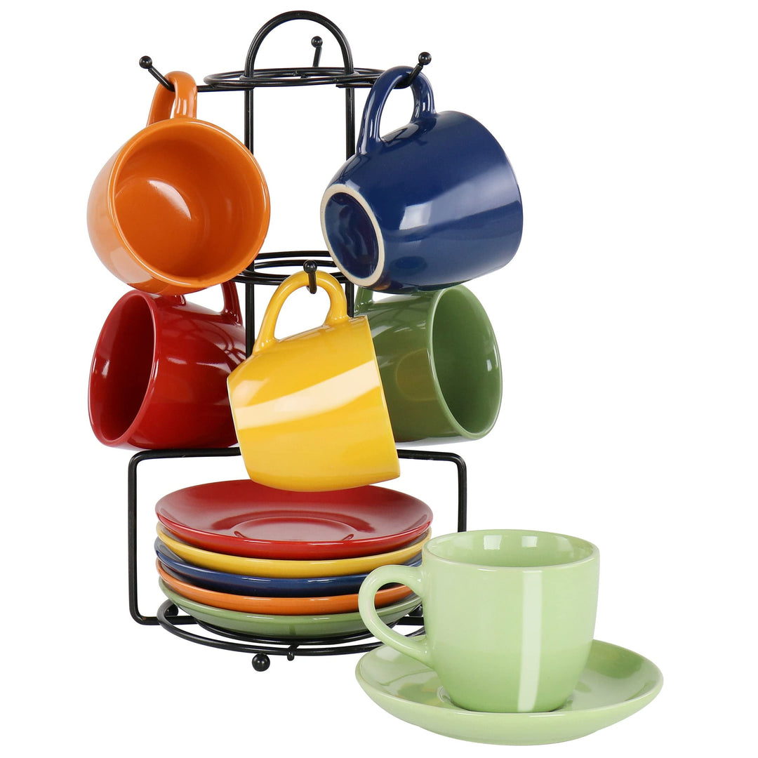 Color Cafe 13 Piece Mug and Saucer Set with Metal Rack in Assorted Colors