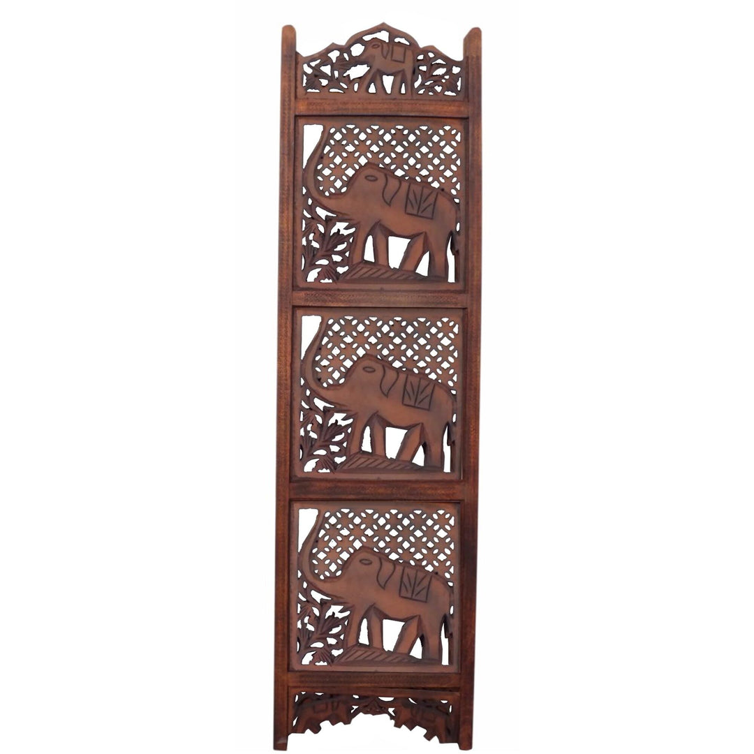 Hand Carved Elephant Design Foldable 4 Panel Wooden Room Divider Brown 8' X - Diamond Home USA