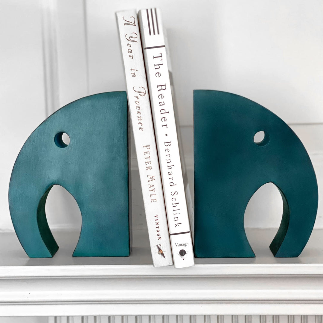 Teal Elephant Book Ends Carved Soapstone Blue Stone Handmade - Diamond Home USA
