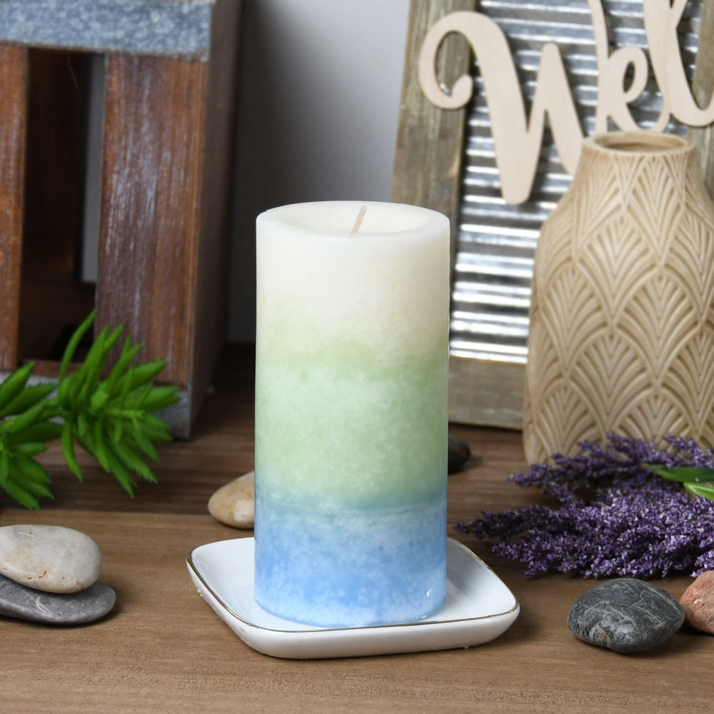 3 X 6 Inch Bl/grn/wht Scented Pillar Candle Multi Color Industrial Wax Painted - Diamond Home USA
