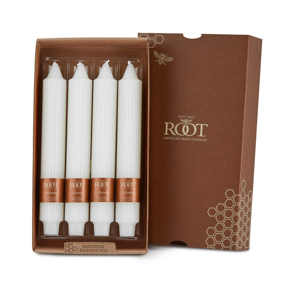Root Unscented Grecian Collenettes Dinner Candles 9-Inch Tall Box of 4 White 9 X 1-1/4 - White