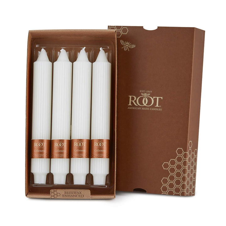 Root Unscented Grecian Collenettes Dinner Candles 9-Inch Tall Box of 4 White 9 X 1-1/4 - White