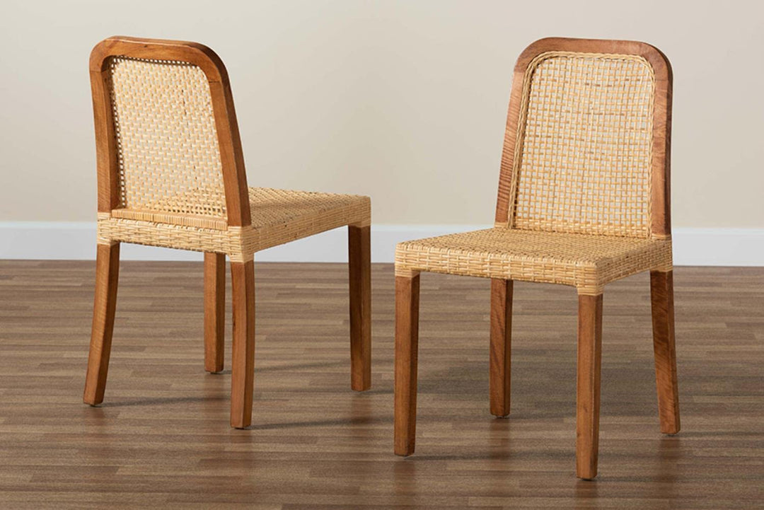 Baxton Studio Caspia Modern Brown Wood and Rattan 2-Piece Dining Chair Set - Diamond Home USA