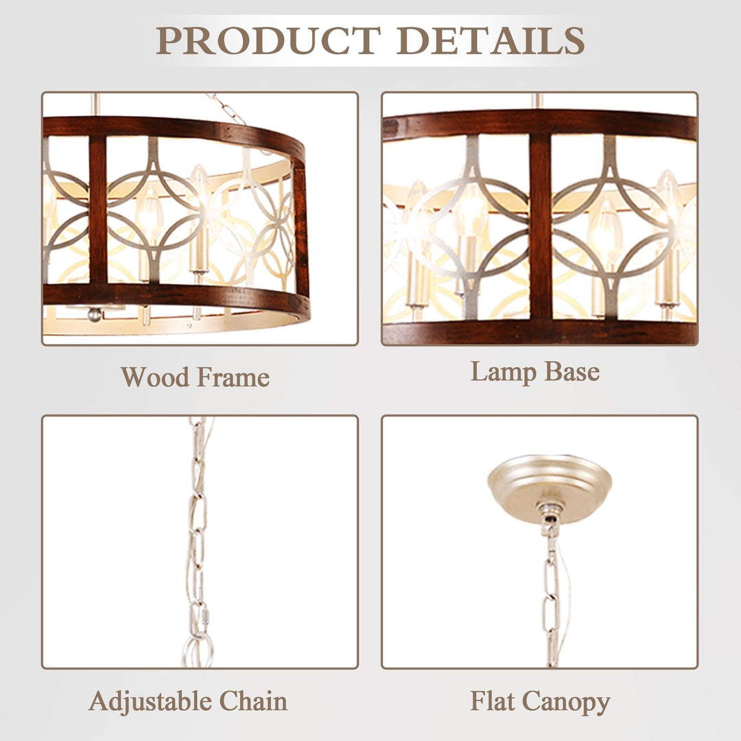 Cusp Barn 4-Light Rustic Wood Chandelier Shabby Hanging Lamp Farmhouse Drum Chrome - Diamond Home USA