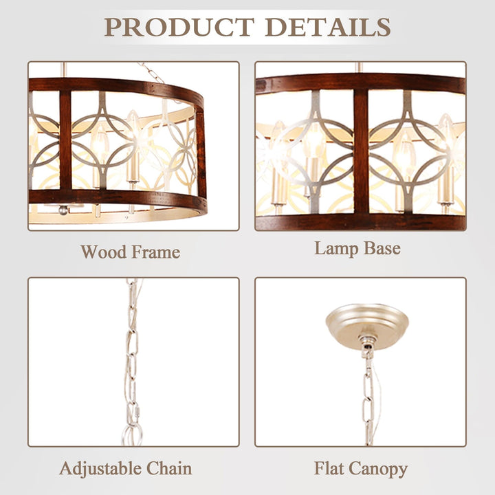 Cusp Barn 4-Light Rustic Wood Chandelier Shabby Hanging Lamp Farmhouse Drum Chrome - Diamond Home USA