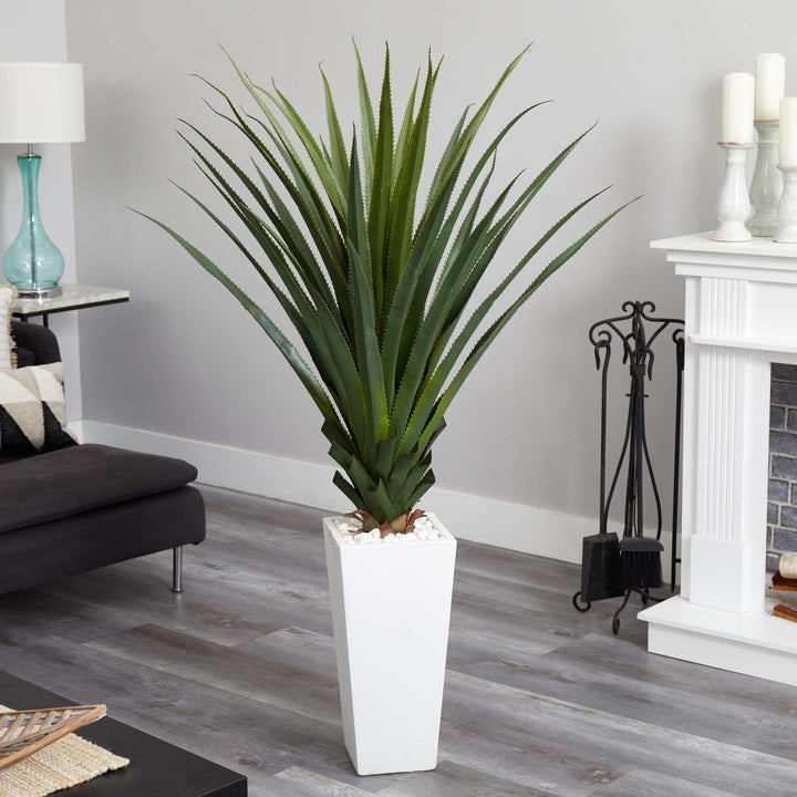 Nearly Natural 5ft. Spiky Agave Artificial Plant in White Tower Planter - Diamond Home USA