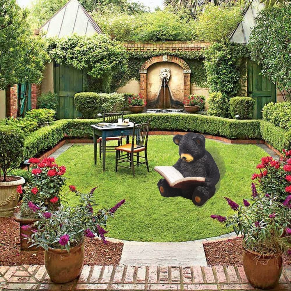 Bear Cub Reading A Book Ultra Realistic Garden Statue Multi Color Polyresin - Diamond Home USA