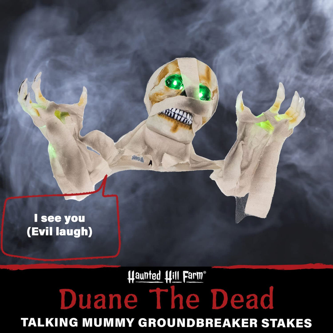 Haunted Hill Farm 10-in. Duane The Dead Talking Mummy Groundbreaker with - Diamond Home USA