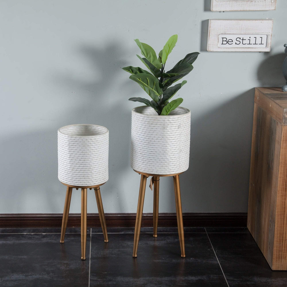 2pc Metal White Planters with Legs Gold Modern Contemporary Round - Diamond Home USA