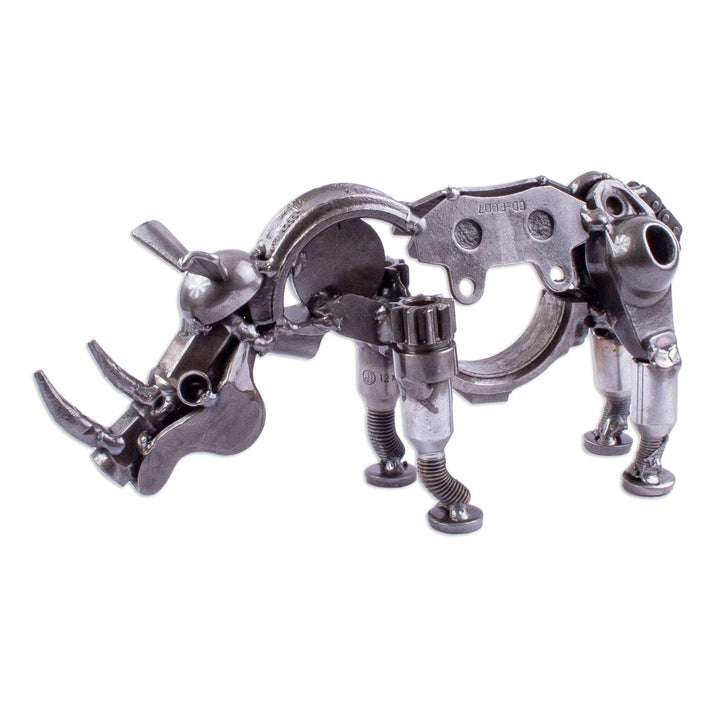 Handmade Rustic Baby Rhino Upcycled Auto Part Sculpture Silver Metal Antique