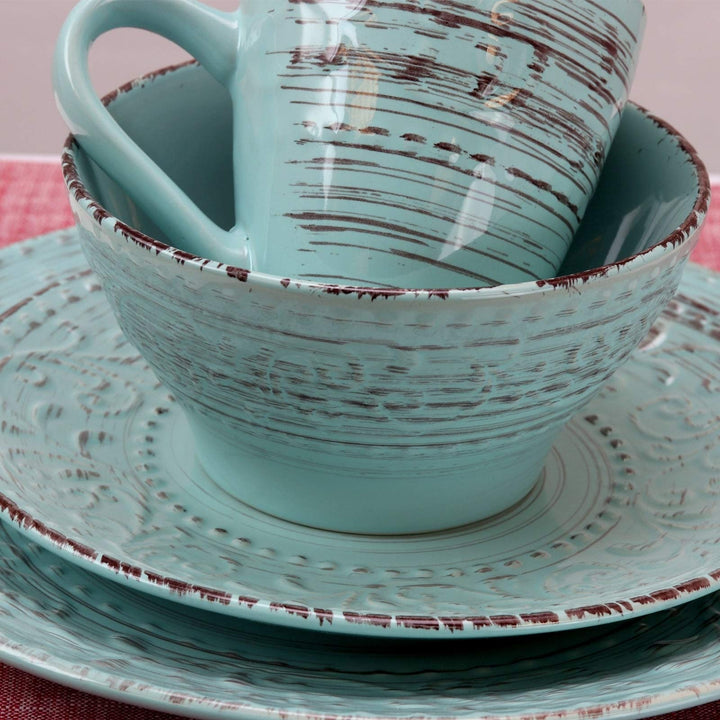 Ocean Waves 16-Piece Dinnerware Set in Turquoise Blue Textured Casual Round - Diamond Home USA