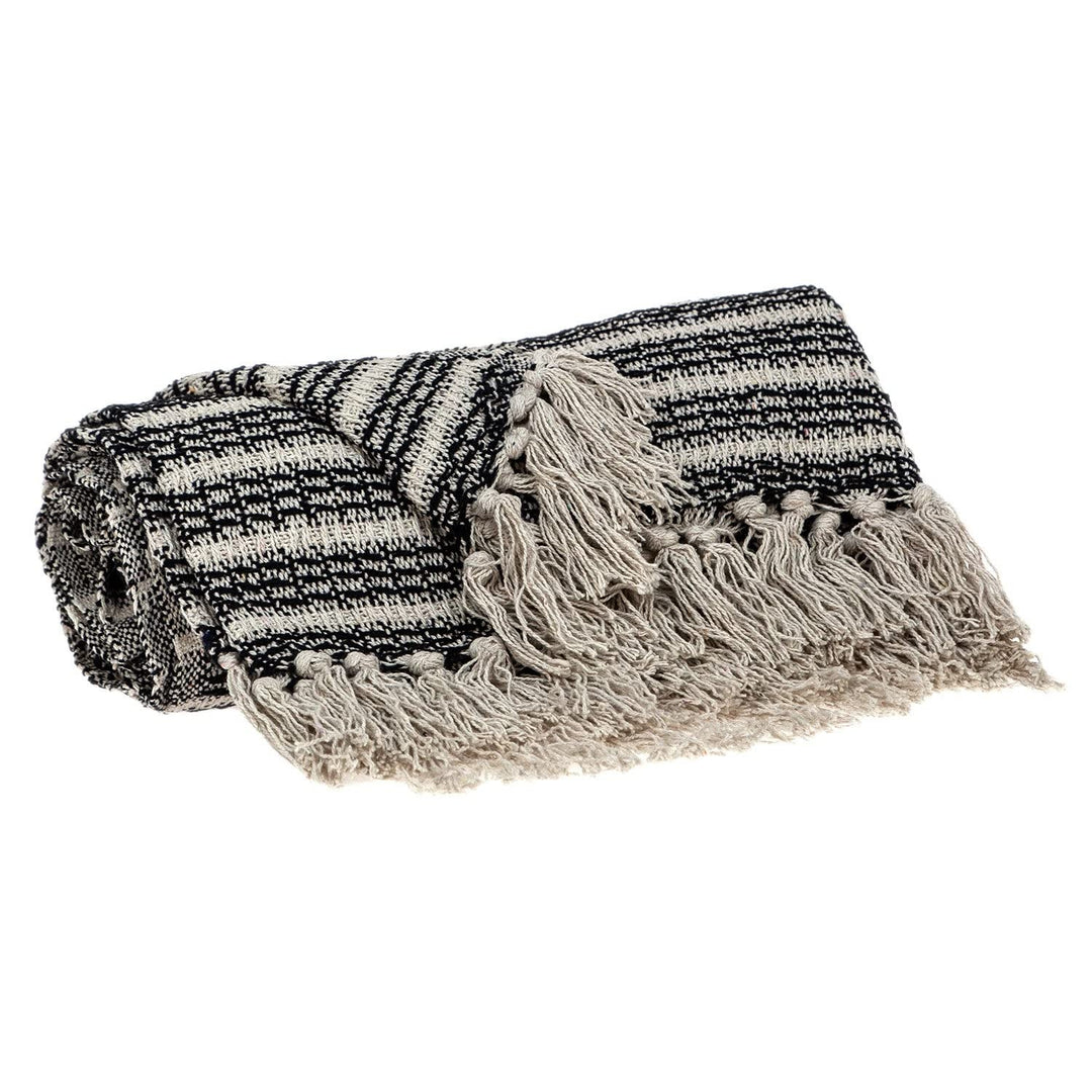 Black and Beige Striped Woven Handloom Throw Blanket Off/White Casual Cotton - Diamond Home USA