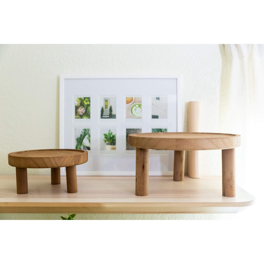 10" 7" Footed Wood Plant Stand Set of 2 Tan Ceramic Natural Finish Weather