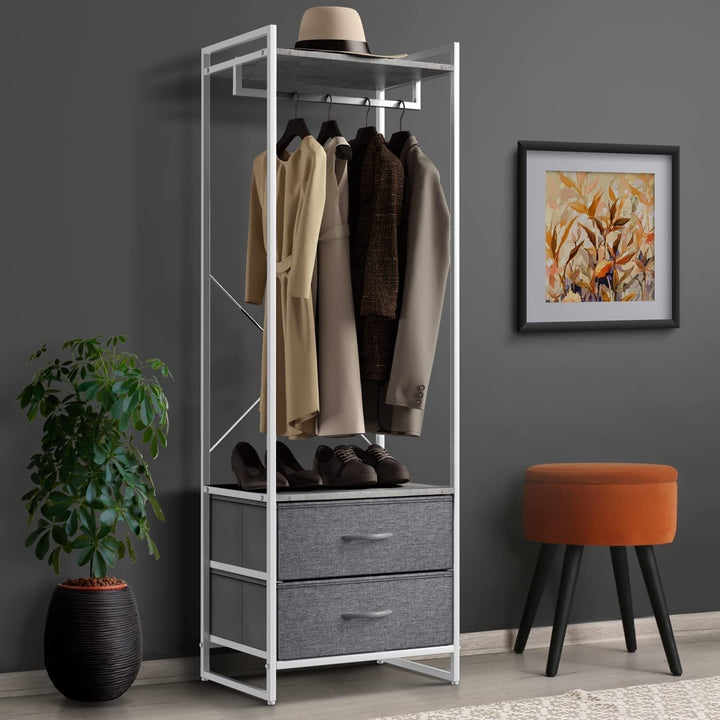 Clothing Rack with 2 Drawers Tall Closet Stand Dresser for Bedroom Grey - Diamond Home USA