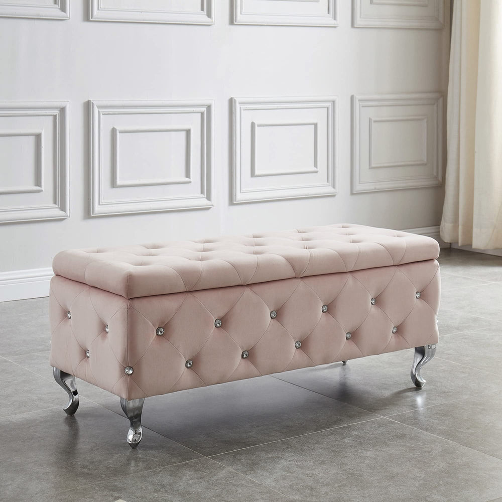 Nspire Contemporary Velvet & Metal Rectangular Storage Ottoman in Blush Pink - Diamond Home USA
