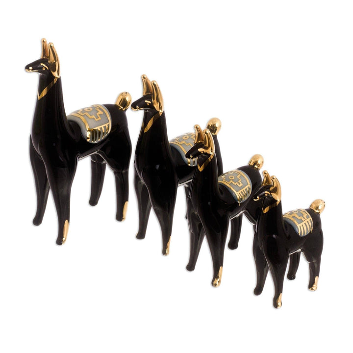 Handmade Black Llamas of The Glass Figurines (Set 4) Peru 3.7" H X 1.2" W 1.8" D