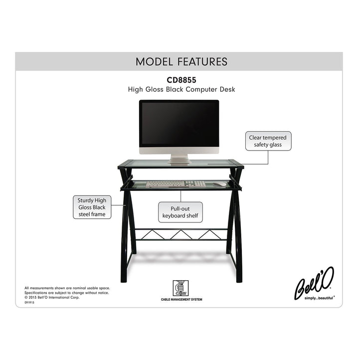 Bell'O Clear Modern Glass Computer Desk with Keyboard Tray Black/Clear CD8855 - Diamond Home USA