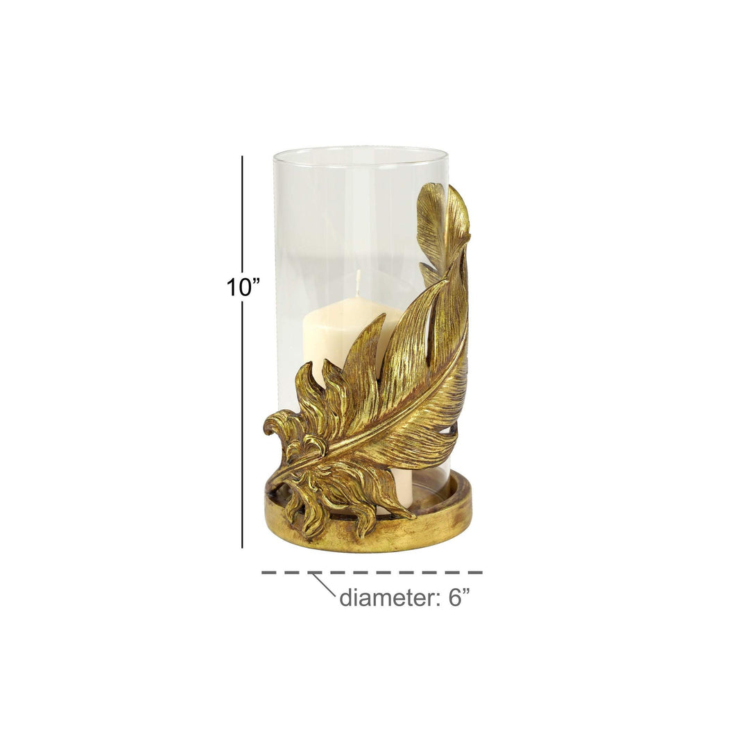 Large Metallic Gold Feather Candle Holder with Hurricane Glass 6" X 10" 6 10 - Diamond Home USA