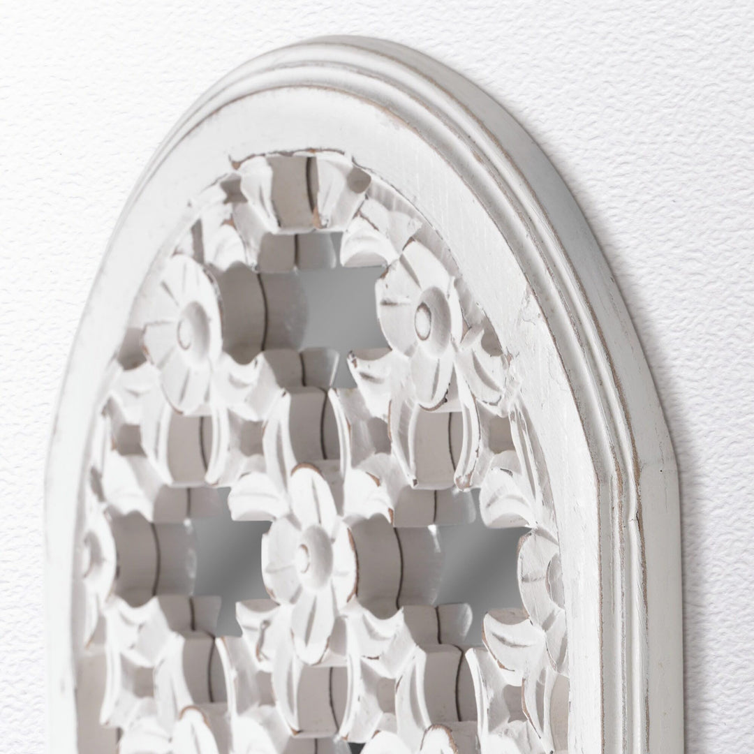 Distressed Reflective Arched White Lattice Wall Medallion 12" X 36" Bohemian - Diamond Home USA
