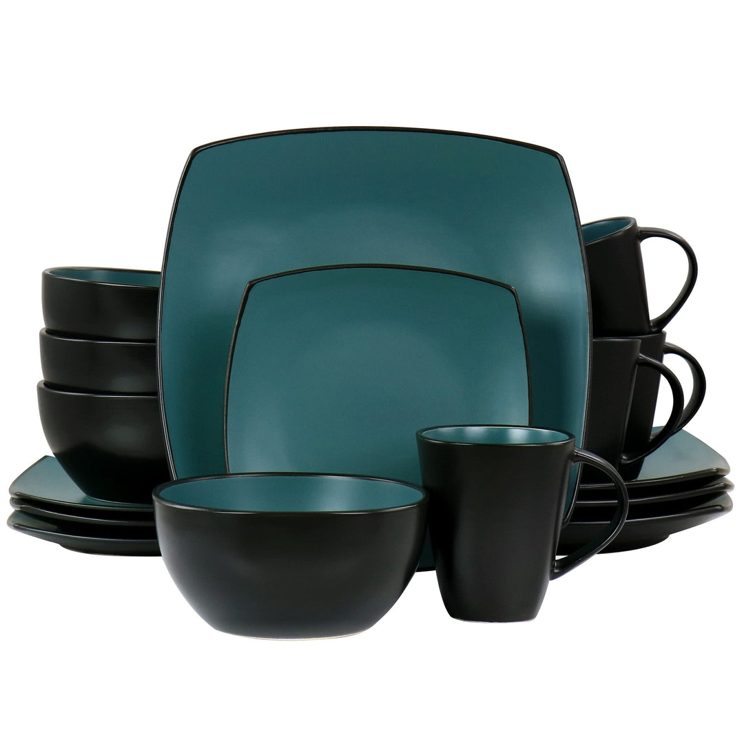16pc Square Stoneware Dinnerware Set In Teal Green Solid Casual 16 Piece