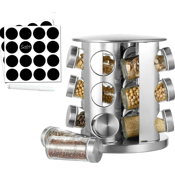 Rotating Spice Rack with 12 Jars Silver Stainless Steel